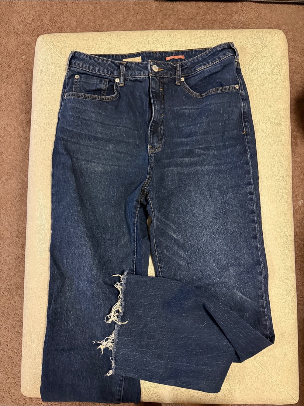 Pilcro Women's Dark Blue Straight Leg Jeans Tall with Frayed Hem